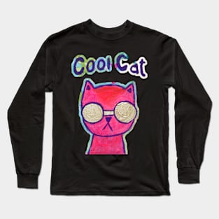 Cool Cat painting mixed media Long Sleeve T-Shirt